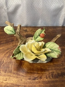 Vintage Lefton Porcelain Yellow Rose With Lady Bug Figurine Beautiful - Picture 1 of 10