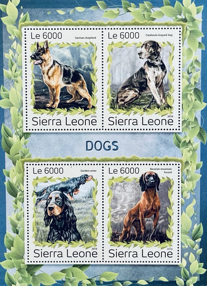HOJA DE SELLOS DE PERROS DE SIERRA LEONA MNH 2016 PERRO PASTOR ALEMÁN SETTER SABUESO MASCOTAS 1 Foto 1 de 1