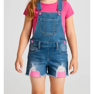 Pantalones cortos de mezclilla Squeeze para niñas talla 10 azul desgastado con tirantes - Imagen 1 de 6