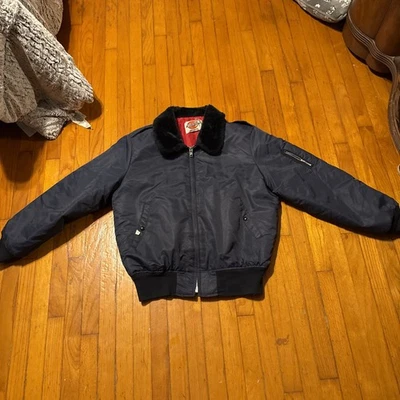 Vintage 80's Dickies Blue Flight Bomber Jacket Mens Sz L Fur Collar Quilt Lined  - Image 1 of 4