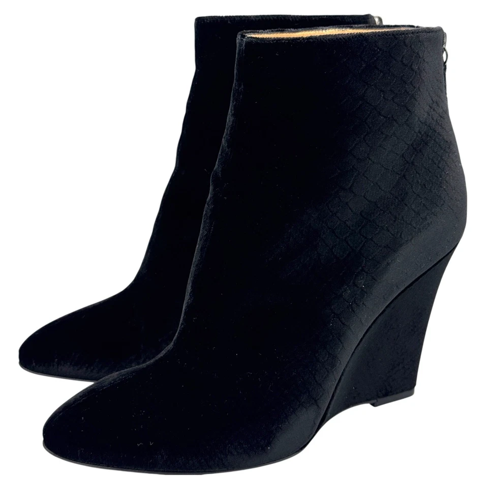 Marvin K Velvet Faux Snakeskin Wedge Boots Womens 8M Black Mani Ankle Booties - Image 1 of 4