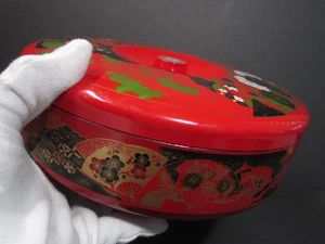 Vintage Round Divided faux Lacquerware Red box lid L-1036 RED Fan Asian Taiwan - Picture 1 of 6