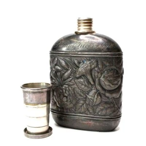 Antiker Silber Flachmann Repoussé Blumen Erweiterbar Kappe MERIDEN BRITANNIA Jugendstil - Bild 1 von 12
