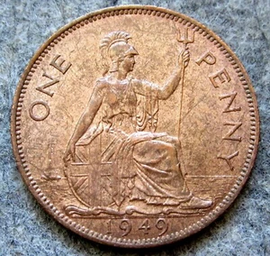 GREAT BRITAIN GEORGE VI 1949 ONE PENNY, SEATED BRITANNIA UNC LUSTRE - Picture 1 of 6