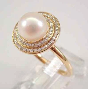3Ct Round Cut Lab Created Pearl Halo Wedding Ring 14K Yellow Gold Plated Silver - Picture 1 of 7