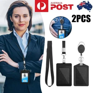 2Pcs Leather Business ID Badge Card Holder & Retractable Lanyard Neck Strap Band - Picture 1 of 10