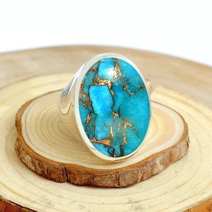 Blue Copper Turquoise Oval Cut 925 Sterling Silver Handmade Men's Ring Jewelry - Picture 1 of 3