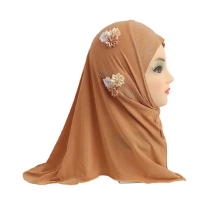 Kids Girls Head Wraps Solid Colors Hijab Scarves with Flower Head Scarf Muslim - Picture 1 of 25