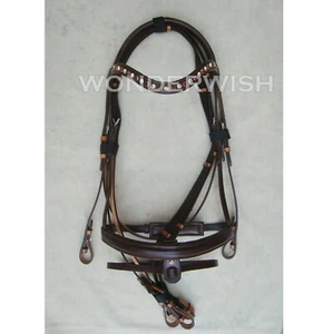 Brown Leather Horse Bridle Padded Noseband & Dual Tone Crystal Browband 4 Sizes - Picture 1 of 4