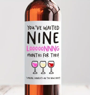 1 pieza Divertida Etiqueta de Botella de Vino "Nueve Meses de Espera" Nueva Baby Shower Foto 1 de 4