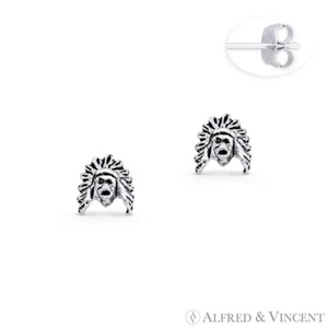 Native American Warrior Indian Head Charm Stud Earrings in .925 Sterling Silver - Picture 1 of 1