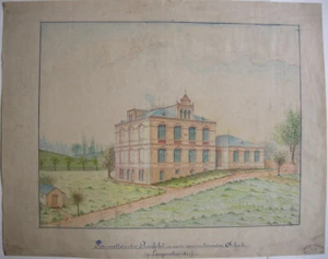 Langenchursdorf Callenberg diseño edificio escolar C. F. Reichenbach 1880 acuarela - Imagen 1 de 4