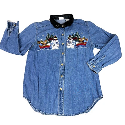 Bobbie Brooks Christmas Denim Shirt Embroidered Womens Medium Granny Core Retro - Image 1 of 4