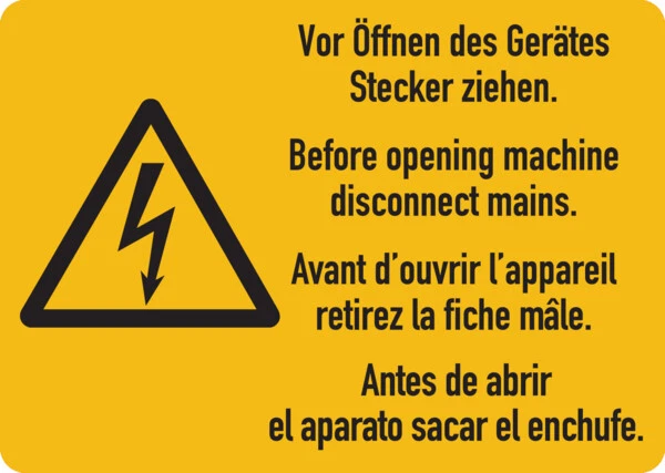 KÖNIG WERBEANLAGEN Warnschild Vor Öffnen des Gerätes Stecker ziehen 4sprachig 52x37mm Aufkleber