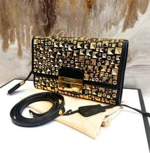 Rare Limited Edition Michael Kors Studded Leather Gia Black Gold Clutch Bag - Picture 1 of 7