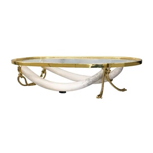 Italo Valenti Brass Faux Elephant Tusks Coffee Table 70s Glass Hollywood Regency - Picture 1 of 16