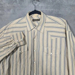 Stetson Men's Long Sleeve Pearl Snap Shirt Large beige blue western rodeo cowboy - Picture 1 of 7