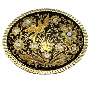 Vintage spanische Damaszener Brosche goldfarben & schwarz Vogel und Pflanzen - Bild 1 von 8