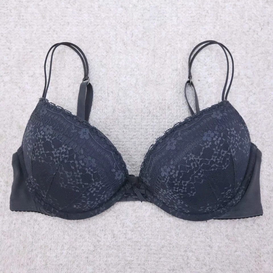 Sexy Sujetador GILLY HICKS Super Push Em Up 34C Gris Floral Encaje Con Aros Foto 1 de 4