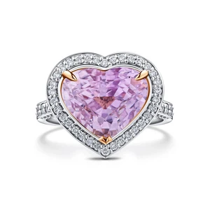 Elegante anillo de corazón de oro blanco de 18 quilates genuino con dimond y zafiro rosa intenso VS - Imagen 1 de 2