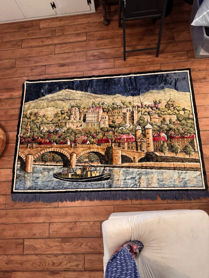Vintage European Village Tapestry Wall Hanging Landscape River Castle Core 47x70 - Image 1 of 4