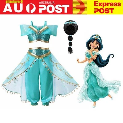 Kids Aladdin Costume Princess Jasmine Outfit Sequin Party Fancy Dress Wig AU - image 1 of 4
