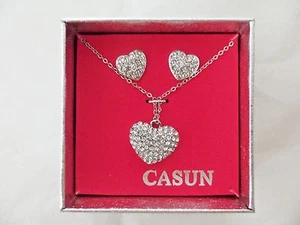CaSun Pave Crystal Puffy Heart Necklace & Earrings Set - Post Back - Silvertone - Picture 1 of 5