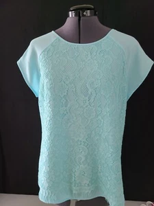 Women Chico Blue Lace Tunic Blouse Pullover Size M Chico 1 Scoop Neck Cap Sleeve - Picture 1 of 14