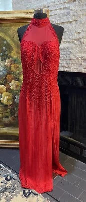 Vestido Vintage Ted Lapislázuli Navidad Rojo Cuentas Escote Halter Espalda Abierta 100% Seda Foto 1 de 4