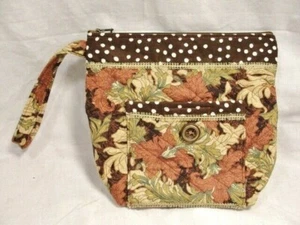 Artist handmade QUILTED FABRIC PURSE Brown floral leaves signed Linda Fredrick - Picture 1 of 7
