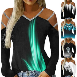 Womens V-Neck Cold Shoulder Print T-Shirt Tops Ladies Casual Pullover Blouse Tee - Picture 1 of 14