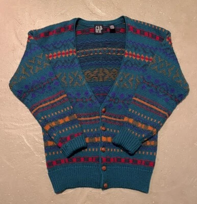 Vintage 1990s Gap Wool Knit Geometric Pattern Cardigan Sweater Oversize Small - Image 1 of 4