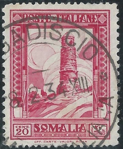 SOMALIA 1932 PITTORICA c.20 (SASSONE n.171°) DENT. 14X12 USATO CERTIFICATO COLLA - Picture 1 of 2