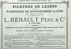 Vintage Pub Manufacture de Bonneterie L. RENAULT Père & C° 1881 Angers 