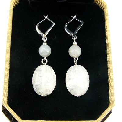 OPERHAUS Mondstein & Bergkristall Ohrringe Ohrhänger earrings Klappbrisuren A005 - Bild 1 von 2