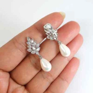 935 Silver Simulated 3.18CT Marquise Sapphire & Teardrop Pearls Floral Earrings - Picture 1 of 8
