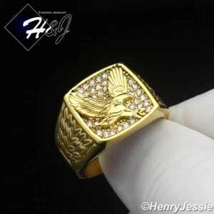 MEN's Stainless Steel Icy Bling CZ Gold Plated EAGLE Square Ring Size 8-12*GR153