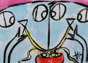 ACEO Cat Painting Original Spaghetti Date Love Modern Folk Art Samantha McLean - Picture 1 of 1