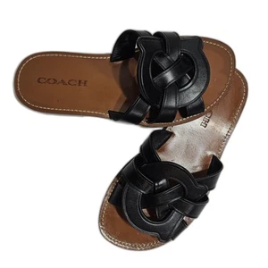 Coach Issa Slides Black SZ 7 Leather Boho Flat Sandals Vacation Travel Shoes - Picture 1 of 6