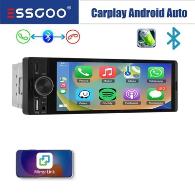 1DIN 6.36" Car Radio Stereo Bluetooth Wireless Apple Carplay Android Auto FM USB - Image 1 of 4