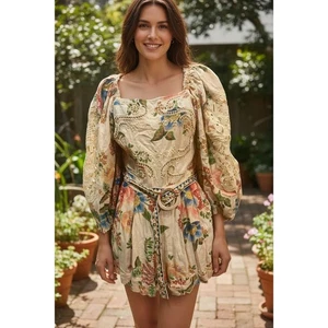 Farm Rio Floral Puff Sleeve Square Neck Belted Romper Shorts Size S - Picture 1 of 4