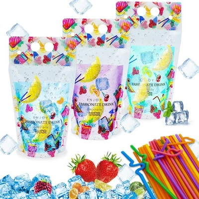 100 Adult Colorful Drink Bags with Straws,reusable juice,Translucent Vertical... - Image 1 of 4