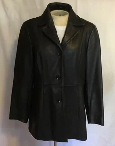 VG Women's Valerie Stevens PETITE Black Leather Coat SMALL Button-Up - Picture 1 of 24