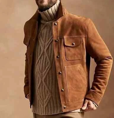 Men Brown Pure Suede Leather Jacket Slim Fit Trucker Jacket Custom Size S M L XL - Image 1 of 3