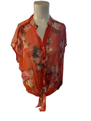 Blusa Top Mujer Naranja Tropical Malla Transparente Encaje Abotonada Talla Grande Foto 1 de 4