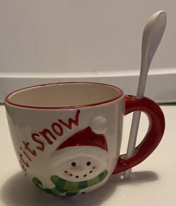 Merry Christmas Snow Man Ceramic Coffee Mug With Spoon 11 Oz. - Picture 1 of 4