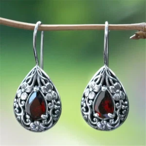 Beautiful Filigree Teardrop Garnet Silver Hook Dangle Earrings - Picture 1 of 9