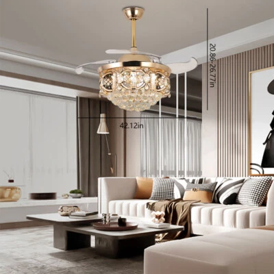Moderno 42" Cristal LED Invisible Ventilador de Techo Lámpara Lámpara Luz con Control Remoto Dorado Foto 1 de 4