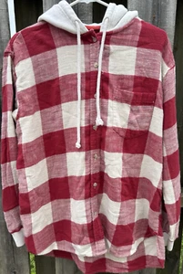 Camisa túnica de franela con capucha de gran tamaño American Eagle para mujer talla mediana roja a cuadros - Imagen 1 de 4