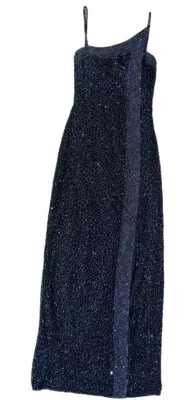 Винтажный кэш шелк бисером черный платье асимметричный ремни без спинки SizeM платье официальный - Изображение 1 из 4